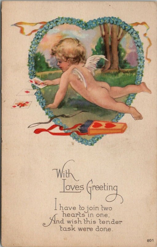Valentine Loves Greeting Cupid Joins Two Hearts Independence Iowa Postcard U17