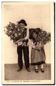 Old Postcard Girl and Boy Alsatian Alsace Folklore Costume