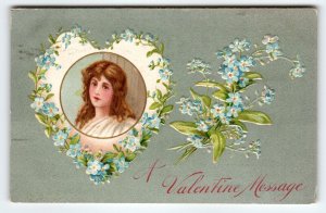 Antique Embossed Postcard A Valentine Message Lovely Women Flowers 1908 Vintage