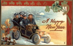 New Year's Pretty Woman Car Clovers Embossed Tuck c1910s Postcard