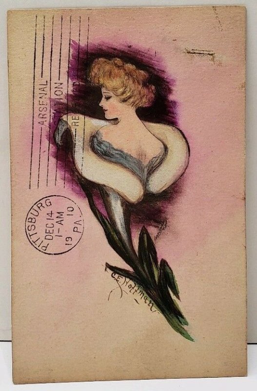 Victorian Beauty Emerging From Lilly Flower Shinn Signed CE  Hoffman Postcard F4