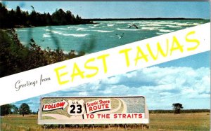 MI Michigan EAST TAWAS Banner Greetings US 23 ROADSIDE SIGN/Lake Huron Postcard