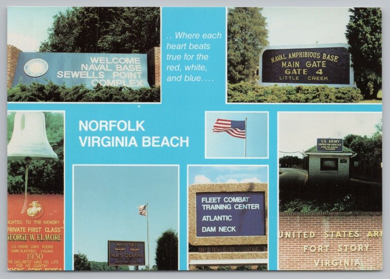 Military~Norfolk VA Beach~Army Navy & Marine Bases~Continental Postcard 