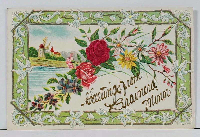 Brainerd Minnesota Beautiful Silk Embellished Emboss 1909 Greeting Postcard L10