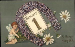New Year - Purple Flower Horseshoe & Cherub c1910 Postcard