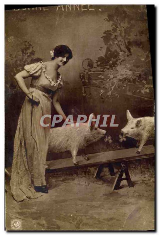 Old Postcard Cochon Pig Woman