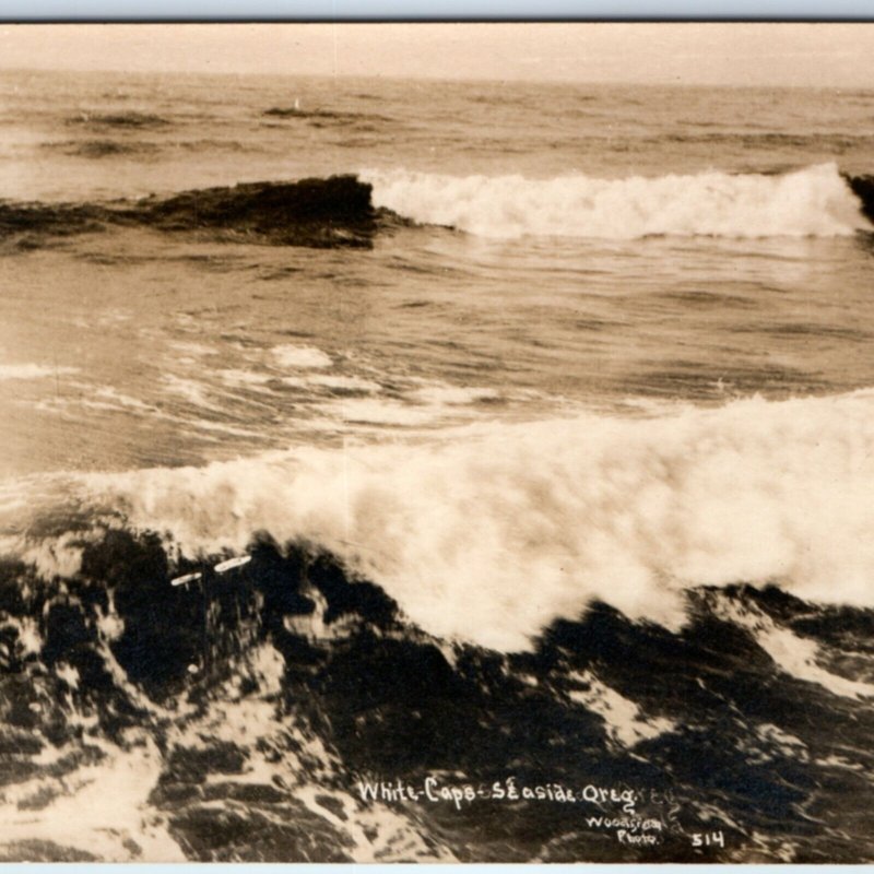 c1950s Seaside, OR RPPC White Cap Waves Real Photo Pacific Ocean Woodsiela A131