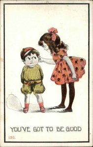 Children Comic Controlling Angry Girl Pulls Boy's Ear c1910s Postcard