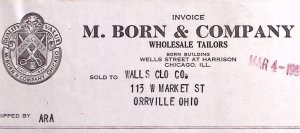 1938 M. BORN & COMPANY WHOLESALE TAILORS CHICAGO ORRVILLE BILLHEAD INVOICE Z273