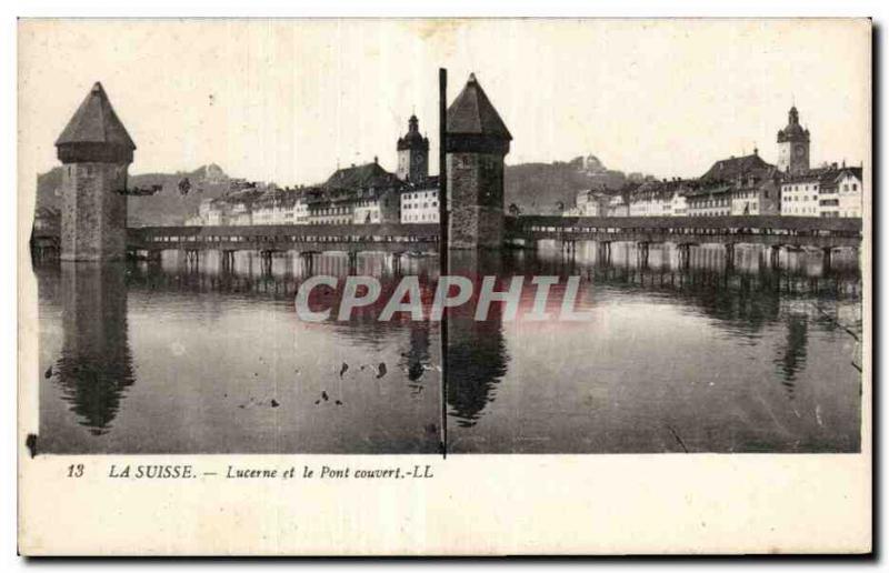 Stereoscopic Card - Switzerland - Lucerne and the covered bridge - Old Postcard