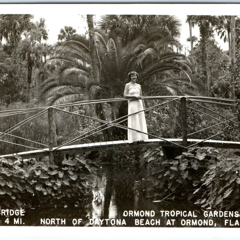 c1950s Ormond, FL RPPC Rustic Bridge Tropical Gardens Zoo Daytona Beach PC A113 