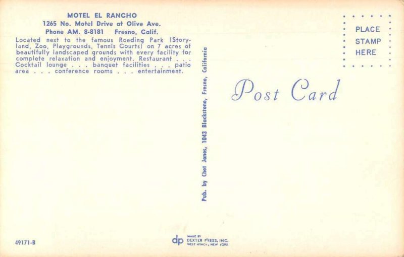 Fresno California Motel El Rancho Vintage Postcard AA40445