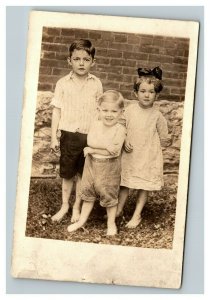 Vintage 1920's RPPC Postcard - Three Cute Kids in Front Yard of Home