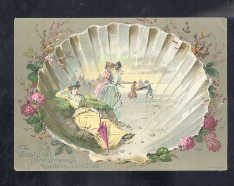 TOLEDO OHIO WOOLSON SPICE COMPANY LION COFFEE SEASHELL GIRL VICTORIAN TRADE CARD