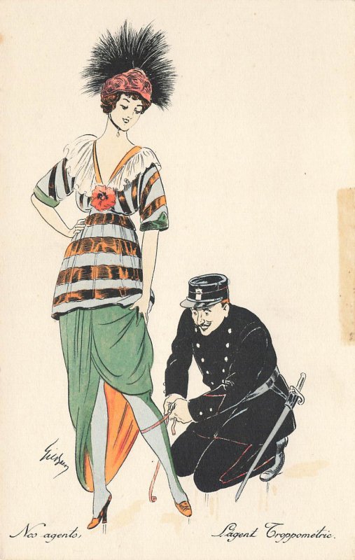 Policeman Helping Out Nos agents Beautiful Woman Artist Signed Postcard