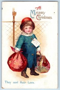 Ellen Clapsaddle Signed Postcard Christmas Little Kid They Sent Their Love 1912