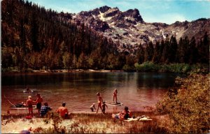 Vtg 1950s Sierra Buttes Swimming Lake Beach Scene California CA Postcard