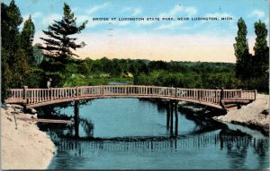 Vtg 1940s Bridge at Ludington State Park Michigan MI Linen Postcard