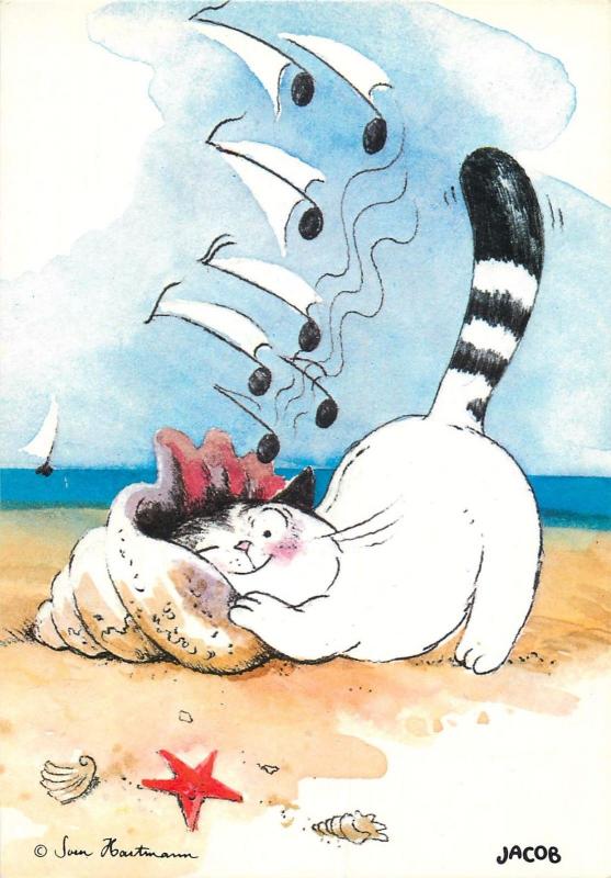 Sven Hartmann Jacob comic postcard beach shell music cat caricature