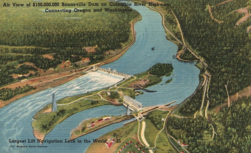 Vintage Postcard 1930's Air view Bonneville Dam Connecting Oregon & Washington