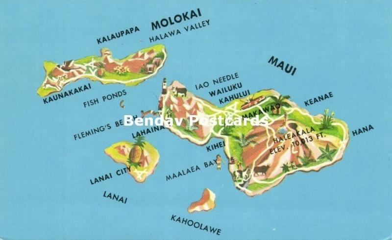 Hawaii, Maui, The Valley Island, MAP Postcard (1970s)