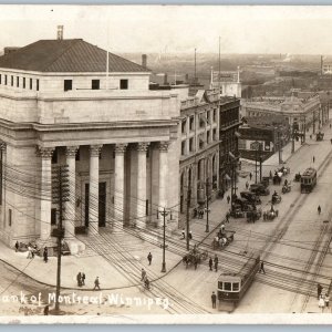 c1910s Winnipeg, Canada SHARP RPPC Bank Montreal Telegraph Streetcar Signs A187