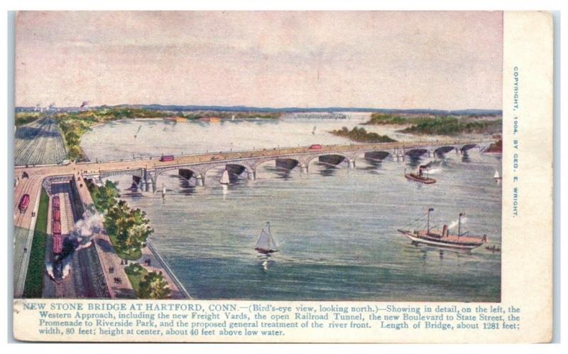 1907 Aerial View of New Stone Bridge at Hartford, CT Postcard