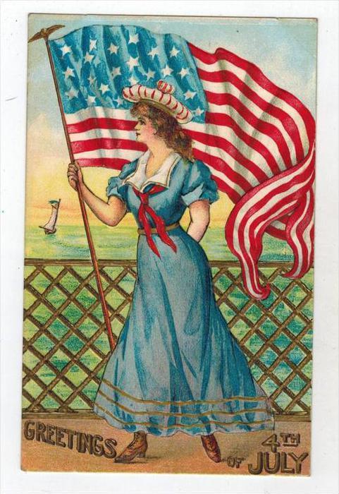 4th of July Beautiful Maiden on deck of ship with Stars & Stripes Flag