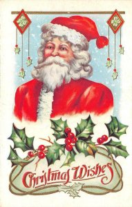 Holiday Greetings CHRISTMAS WISHES Large Santa Claus c1910's Embossed Postcard