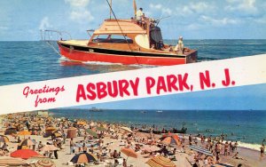 ASBURY PARK NJ BANNER 2 VIEW FISHING BOAT & CROWDED BEACH UNUSED CHROME POSTCARD
