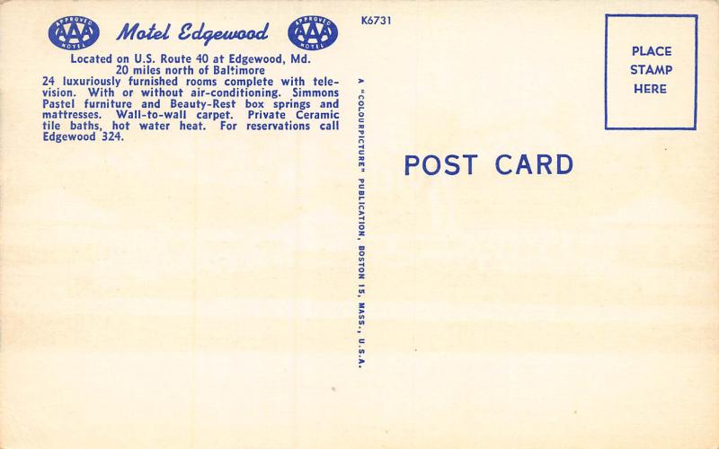 Motel Edgewood, Edgewood, Maryland, early postcard, Unused