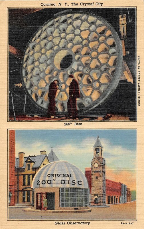 F82/ Corning New York Postcard Linen 200 Disc Glass Observatory 2View