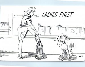 M-56171 Greeting Ladies First Woman and Dog Art Print