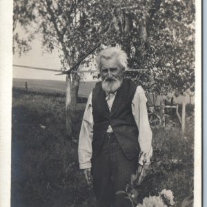 c1910s Enchanting Old Man RPPC Outdoors Flower Wise Fella Farm Nature Photo A211