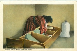 New Mexico Pueblo Indian Woman Grinding Grain Vintage Postcard