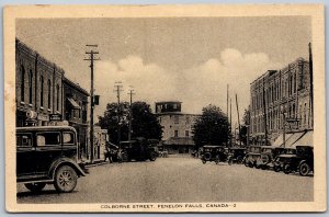 Postcard Fenelon Falls Ontario c1942 Colborne Street Old Cars Shops Victoria Co.