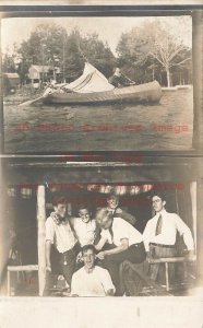 Unknown Location, RPPC, Camping Scenes, Canoeing, Boy Pulling another's Ears