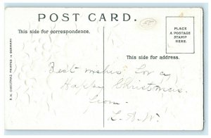 Antique 1910's Christmas Holly Bells Village Cottage Germany Embossed Postcard 