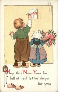 Tuck Dutch New Year Little Boy and Girl Change Calendar c1910 Vintage Postcard