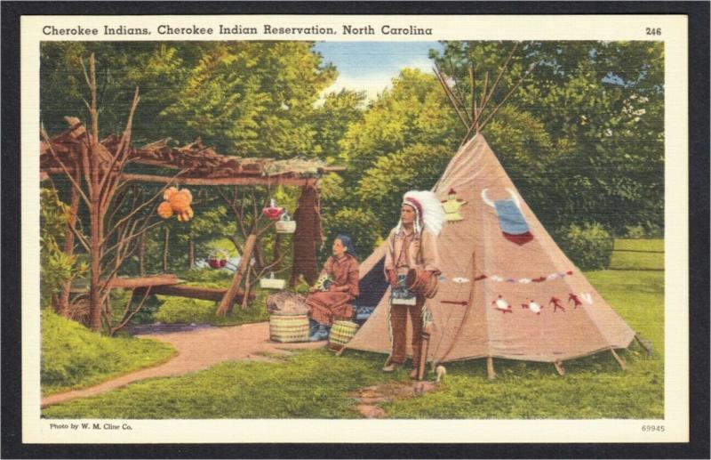 Cherokee NC Native Americans and Teepee on Indian Reservation Linen Postcard