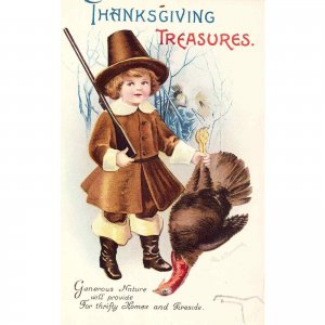 Thanksgiving Treasures - Pilgrim Boy and Turkey- Signed Clapsaddle