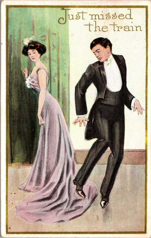 VINTAGE POSTCARD JUST MISSED THE TRAIN COUPLE HUMOR BALLROOM GOWN c. 1920