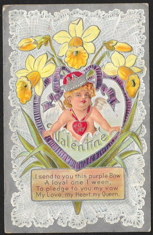 To My Valentine Girl With Crown In Ribbon Heart & Daffodils Used c1910s