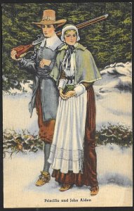 Priscilla & John Alden in Snow Massachusetts Unused c1930s