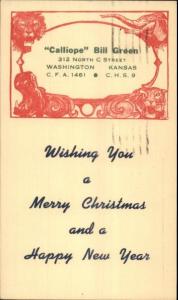 Washington Kansas KS Calliope Bill Green Circus Adv Christmas Postcard