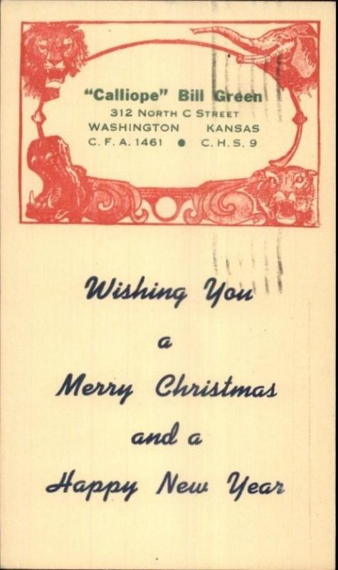 Washington Kansas KS Calliope Bill Green Circus Adv Christmas Postcard