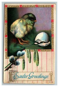 Vintage 1914 Easter Postcard Cute Chick Broken Egg Unique Gold Red Border NICE