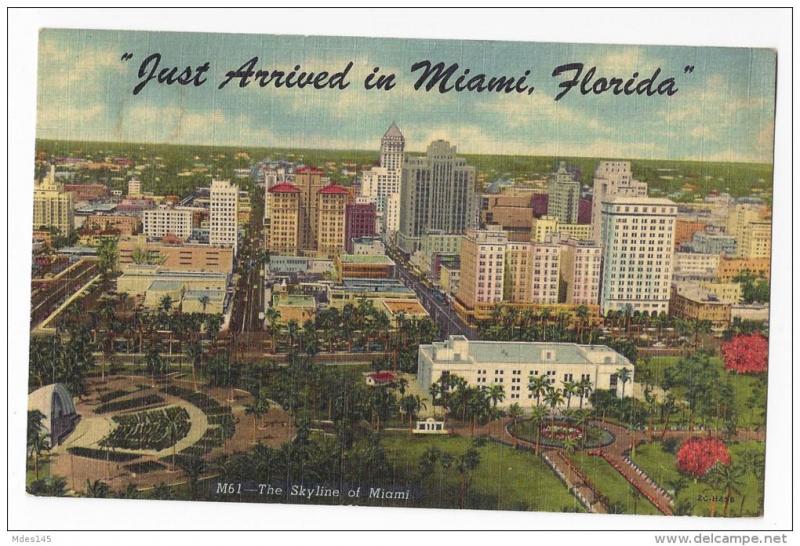 FL Miami Skyline Just Arrived 1955 Vintage Linen Postcard