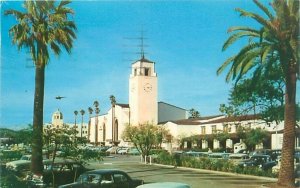 Los Angeles California CA Union Station, Train Depot 1958 Postcard, Old Cars