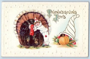 Thanksgiving Postcard Turkey Clown Jester Cornucopia Fruits Embossed c1910's